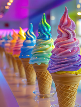 Colorful ice cream cones display a variety of glossy flavors in a joyful arrangement, creating a delightful experience in a bright, inviting space.の素材
