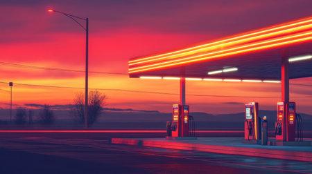 Bright gas station illuminated by glowing pumps set against a stunning sunset gradient sky with vibrant reds and oranges casting a warm ambiance.の素材