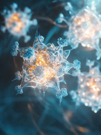 A vivid array of adeno-associated viruses in glowing biofluid highlights translucent capsids and detailed protein subunits in refracted light.の素材