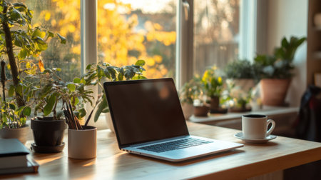 Bright kitchen table workspace with laptop, coffee cup, and lush plants. Natural morning light creates a relaxed and inspiring environment for productivity.の素材