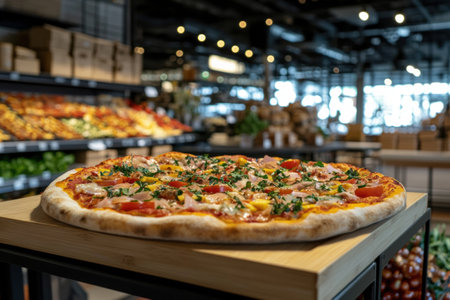 Large pizza features a golden crust and colorful toppings, presented on a wooden tray in a busy grocery store filled with fresh produce.の素材