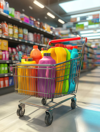 A vibrant shopping cart displays a variety of colorful groceries, showcasing products in a lively supermarket environment with well-stocked aisles.の素材