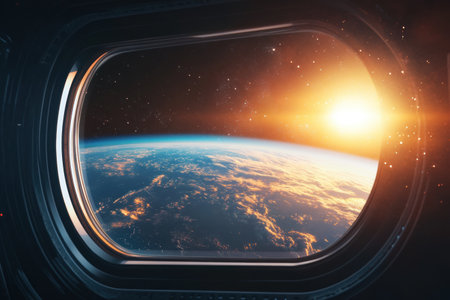 Experience the stunning glow of a vibrant exoplanet seen through the window of a sleek space shuttle, showing the beauty of deep space exploration.の素材