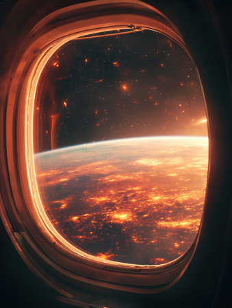 Glimpse a stunning exoplanet with a glowing atmosphere through a futuristic space shuttle window in a thrilling deep-space travel experience.の素材