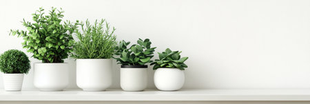 Clean and elegant arrangement of green plants in stylish white ceramic vases, set against a soft neutral background, enhancing contemporary living spaces.の素材