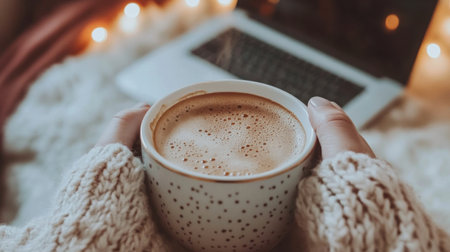A cozy kitchen table workspace features a laptop and a warm cup of coffee bathed in soft morning light, creating a peaceful atmosphere for focused work.の素材