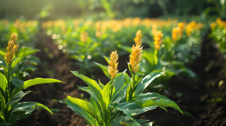 Turmeric plantation showcases rows of lush green leaves and bright golden flowers thriving in rich, earthy soil, capturing the beauty of nature.の素材