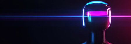 Abstract figure uses futuristic headset & holographic interface, illustrating voice-activated online shopping & smart tech.の素材