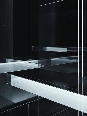 Transparent glass elements float in a dark space, their edges softly glowing, showcasing a high-end, minimalist, and futuristic architectural composition.の素材
