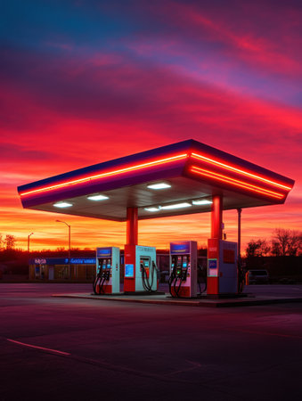 Colorful gas station stands out with illuminated pump nozzles as a stunning sunset paints the sky in vibrant reds and oranges during evening hours.の素材