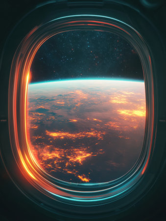 Witness the stunning atmosphere of an exoplanet glowing vibrantly outside a sleek space shuttle window, showcasing the allure of deep-space tourism.の素材