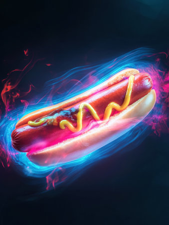A flying hot dog zips through a cyberpunk landscape, leaving vibrant blue and pink neon trails that emphasize its high-speed movement and futuristic vibe.の素材