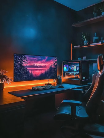 a cozy, futuristic home office features a widescreen monitor displaying a mountain landscape, accented by vibrant led lighting and cyberpunk-inspired decor.の素材