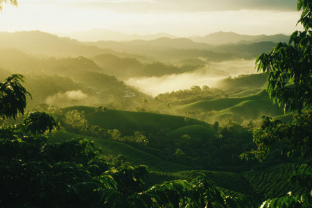 Lush green coffee plantations cover rolling hills as warm golden sunlight breaks through early morning mist, creating a vibrant and serene landscape.の素材