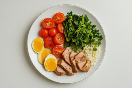 Fresh tomatoes, leafy greens, soft-boiled eggs, and lean protein are neatly arranged on a white plate for an elegant healthy meal presentation.の素材