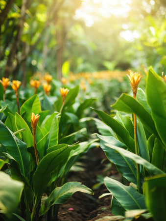 Rows of bright green turmeric plants flourish with golden flowers, creating a tranquil atmosphere enhanced by warm earthy tones in the soft light.の素材