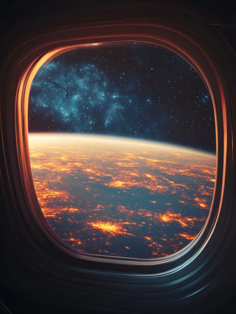 Gaze at the glowing atmosphere of a vibrant exoplanet from the window of a futuristic space shuttle, embracing the thrill of deep-space exploration.の素材