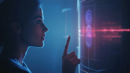 A young woman uses a holographic interface and voice assistant to make an online transaction. The person is embracing the future of smart technology.の素材