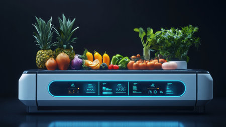 Advanced robot scans an array of fresh organic fruits and vegetables, displaying nutritional data on a futuristic glowing interface, enhancing meal planning.の素材