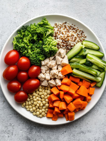 Colorful array of fresh vegetables, lean chicken, and whole grains artfully arranged on a white plate for an elegant, minimalist dining experience.の素材