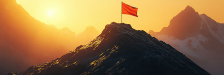 A vibrant red flag stands proudly atop a majestic mountain, illuminated by warm sunlight, casting shadows and emphasizing the spirit of adventure.の素材