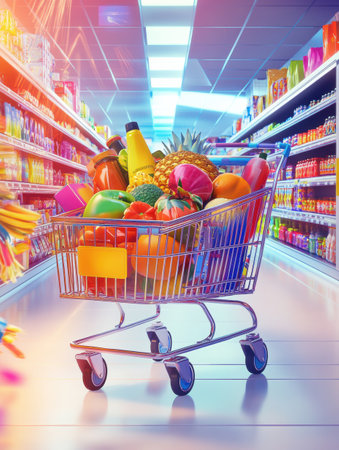 Grocery cart brimming with fruits, vegetables, and drinks stands in a busy supermarket aisle, showcasing a variety of colorful items and bright lighting.の素材