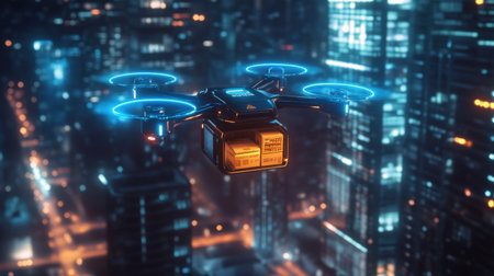 A drone hovers over a bustling city at night, bringing fresh groceries to a doorstep with vibrant blue LED lights illuminating the urban landscape.の素材