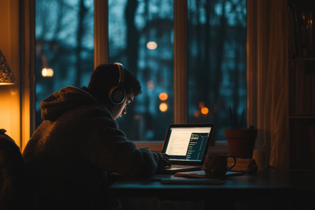 Student wearing headphones is engaged in studying on a laptop. A cup of coffee sits on the desk, illuminated by warm lighting in a cozy home environment.の素材