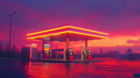 Gas station stands out with glowing pump nozzles as the sunset paints the sky in shades of red and orange, creating a vibrant evening atmosphere.の素材