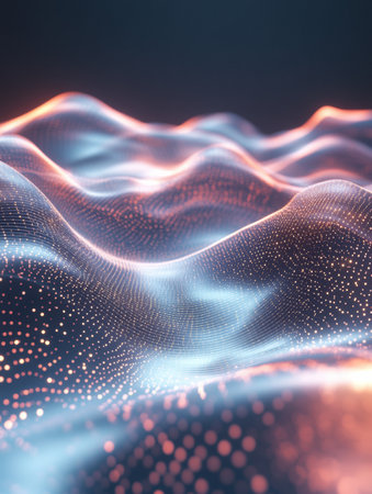 Glowing waves ripple across a digital landscape, showcasing vibrant colors and an elegant balance of light and space, creating a modern cyber ambience.の素材