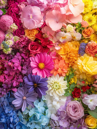 A stunning array of real flowers in a vibrant gradient exhibiting every color of the rainbow, artfully arranged for maximum visual impactの素材