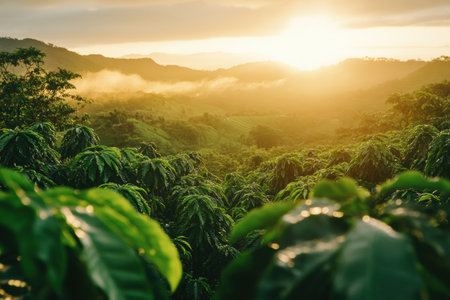 Vibrant green coffee plants blanket rolling hills, as morning mist rises and warm sunlight bathes the landscape, creating a serene atmosphere.の素材