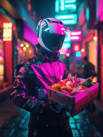 A courier wearing a helmet holds a colorful food package in a neon-lit futuristic alley bustling with activity, showcasing a striking cyberpunk vibe.の素材