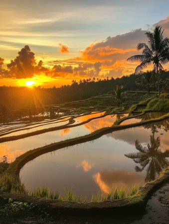 Flooded rice terraces showcase intricate layers reflecting a golden sunset in Bali. Rich earthy tones create a mirror effect on the smooth water surfaces.の素材