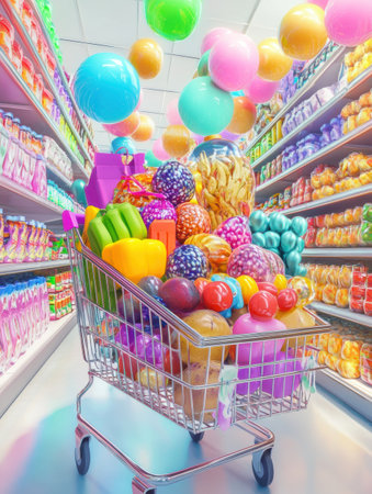 A shopping cart brimmed with an array of colorful groceries stands in a lively supermarket aisle filled with products and bright decorations.の素材
