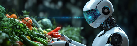 The robot uses advanced tech to analyze fresh organic food, featuring a sleek design and glowing interface in a modern kitchen.の素材
