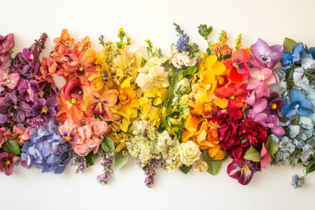 Real flowers meticulously arranged in a gradient display transition through all rainbow colors, creating a bright and colorful experience for viewers.の素材