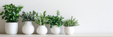 Modern composition of lush green plants in white ceramic vases creates a soothing atmosphere in a stylish and elegant home decor setting.の素材