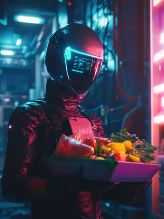 A courier in a sleek helmet holds a delivery of colorful food while surrounded by glowing neon lights in a high-tech urban environment.の素材