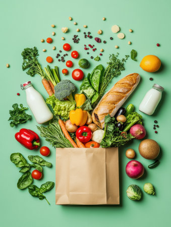 Brown grocery bag brimming with colorful vegetables, fruits, and a baguette, set against a bright solid backdrop, showcasing fresh food.の素材