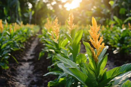 Witness a thriving turmeric plantation featuring rows of rich green leaves and striking golden flowers, glowing softly in the warm afternoon lightの素材