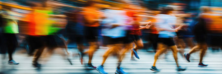 Dynamic runners sprint through the streets, showing their enthusiasm for charity. The warm colors and motion blur capture the uplifting spirit of the event.の素材