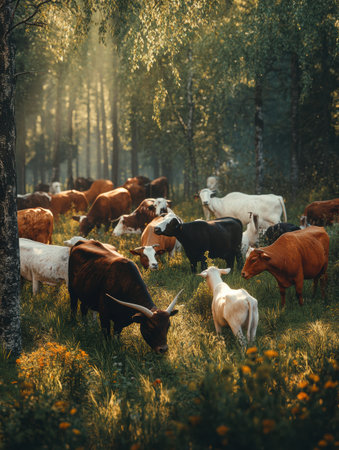 Premium cows and goats graze on lush grass, surrounded by beautiful natural textures and soft, warm lighting in a tranquil forest setting.の素材
