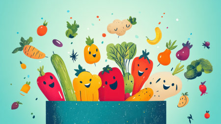 Whimsical illustration features cheerful vegetables bursting out of a shopping bag with vibrant colors and playful expressions in a lively design.の素材