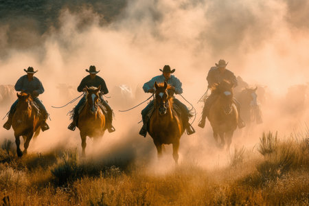Horseback cowboys expertly manage a herd of cattle, dust swirling around them in a cinematic display of skill and adventure in the open range.の素材