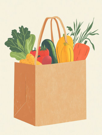A paper grocery bag overflows with organic fruits and vegetables in soft, earthy tones, celebrating sustainable living and fresh food choices.の素材