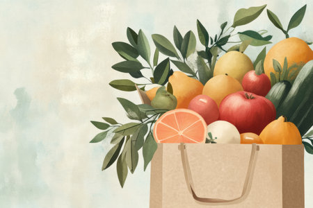 A grocery bag overflows with vibrant organic fruits and vegetables. The design embraces a clean and eco-friendly aesthetic with calming colors.の素材