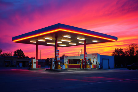 Bright gas station stands out with glowing pump nozzles against a stunning gradient sunset sky filled with reds and oranges, capturing a vivid atmosphere.の素材