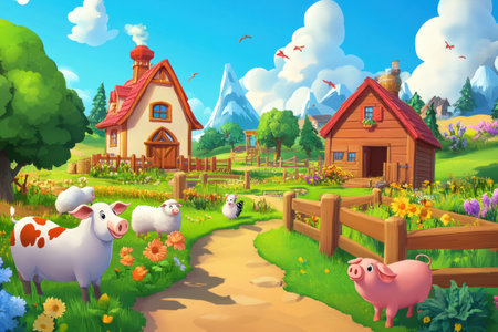 Playful cows, pigs, sheep, and chickens enjoy a bright, sunny day on a vibrant cartoon farm with lush greenery and blooming flowers in the backgroundの素材