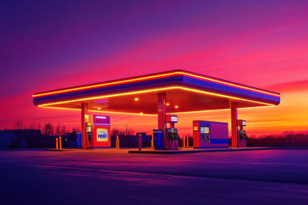 Colorful gas station stands out with illuminated pump nozzle as the sun sets, casting vibrant reds and oranges across the evening sky.の素材